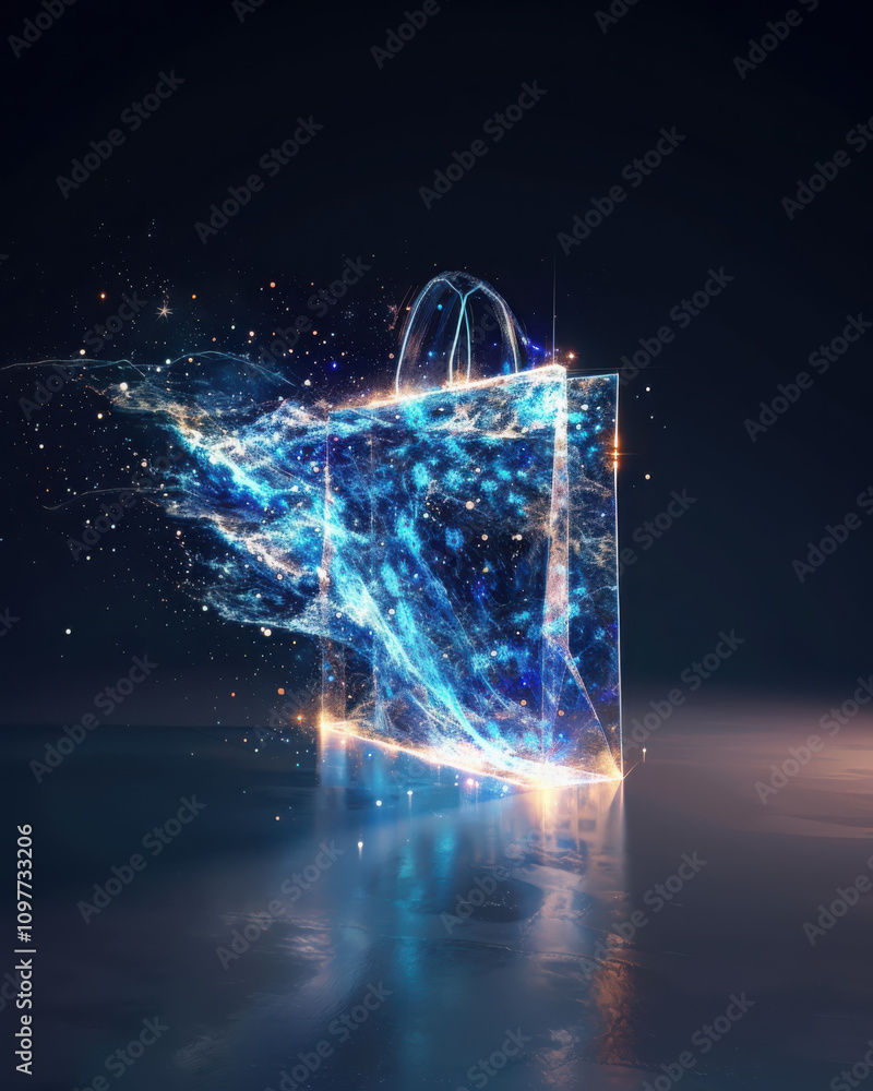 Poster visualize data streams transforming into a glowing shopping bag in e-commerce futuristic technology 