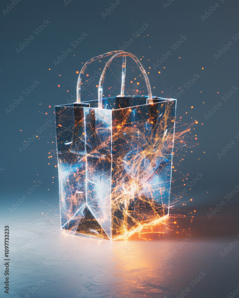 Poster visualizing data streams transforming into a glowing shopping bag the impact of ai on e-commerce in 