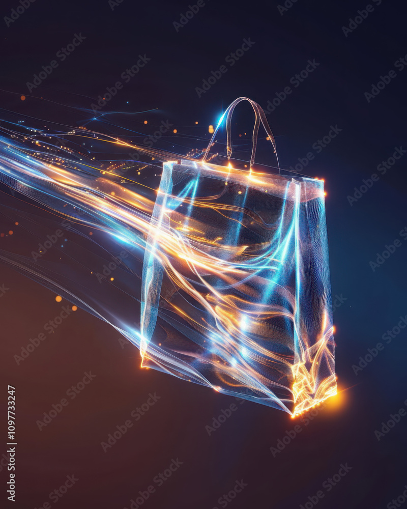 Poster visualizing ai-driven data streams transforming into a glowing shopping bag in a futuristic e-commer