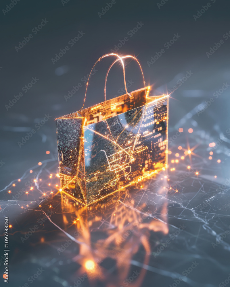 Poster visualize data streams creating a glowing shopping bag in an e-commerce environment representing ai 