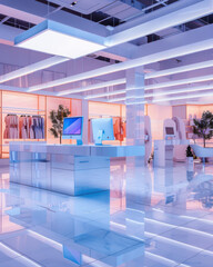 Holographic retail assistant suggesting deals in a minimal tech-focused store environment for enhanced shopping experiences