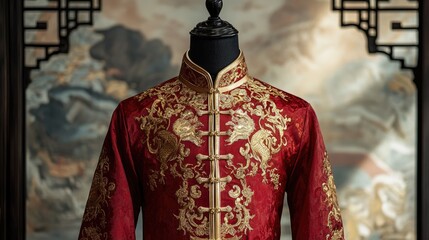 Obraz premium Exquisite Red Silk Chinese Traditional Attire with Gold Embroidery Displayed on a Mannequin Against a Rich Cultural Backdrop