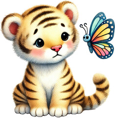 A cute baby tiger curiously watching a colorful butterfly in a vibrant cartoon style.