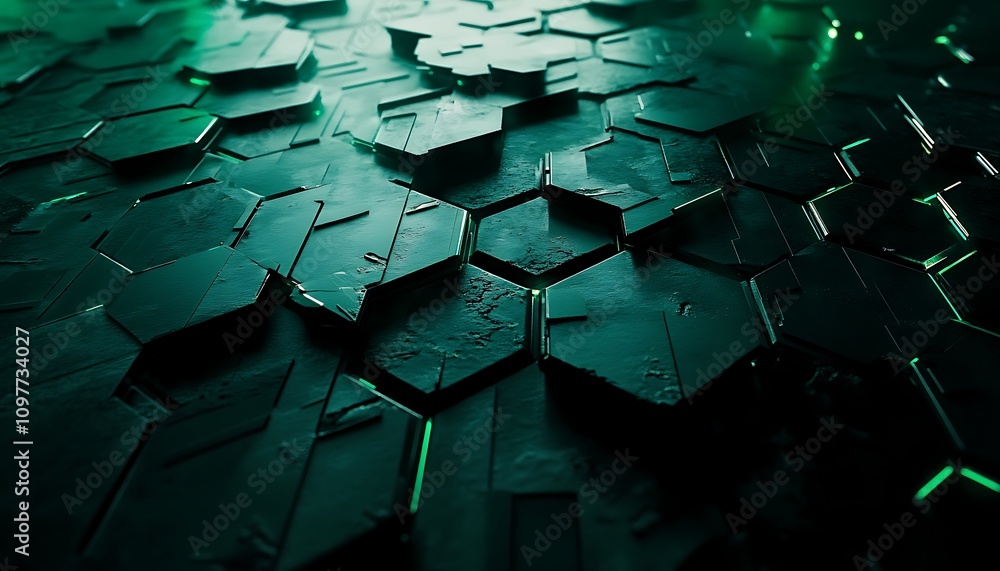 Poster a close-up view of hexagonal patterns with a dark, futuristic aesthetic and glowing accents.