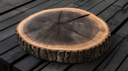 Fototapeta premium A rustic ebony wood slice, showcasing its intricate growth rings and weathered bark, rests on a bed of weathered ebony planks in a carpenter's workshop. Perfect for natural and earthy design projects.