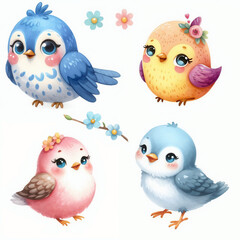 Cute cartoon birds with various colors and expressions on white background. AI