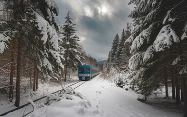 Scenic Train Journey Through a Snowy Forest in Winter Wonderland