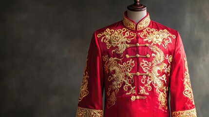 Obraz premium Elegant Red Silk Traditional Attire with Intricate Gold Embroidery Displayed on a Mannequin against a Softly Lit Background in a Studio Setting