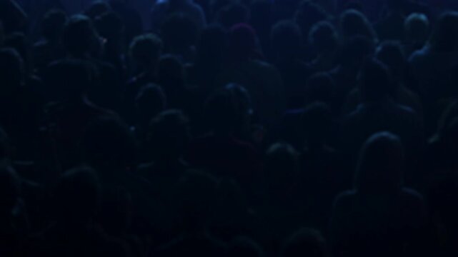 Audience on fire dancing with hands in the air during a concert with a blue strobe light show in france. High quality 4k footage