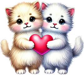 Obraz premium Two cute kittens holding a heart, symbolizing love and friendship.