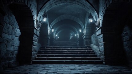Dark and Ominous Medieval Castle Dungeon with Flickering Torches and Symmetrical Stone Staircase