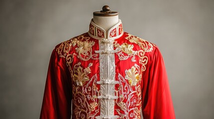 Obraz premium Elegant Red Traditional Garment with Intricate Embroidery and Stand-Up Collar Designed for Festive Occasions and Cultural Celebrations Captured Against a Neutral Background