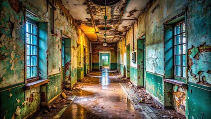 Fototapeta premium Eerie Abandoned Hospital Corridor with Faded Walls and Flickering Lights, Perfect for Documentary Photography, Capturing the Haunting Atmosphere of a Forgotten Medical Facility