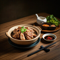 Steaming hot bak kut teh, malaysian chinese pork rib soup, being served