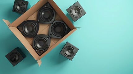 of cardboard box lying sidelong with black audio speakers inside and three outside on light blue background
