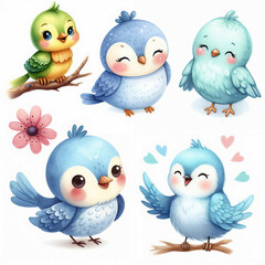 Fototapeta premium Cute cartoon birds with various colors and expressions on white background. AI