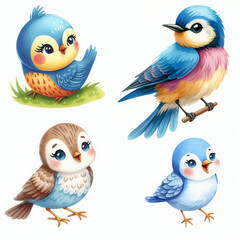 Fototapeta premium Cute cartoon birds with various colors and expressions on white background. AI