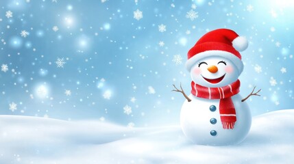 Obraz premium Winter holiday christmas background banner with cute funny laughing snowman with wool hat and scarf, on snowy snow snowscape and bokeh light