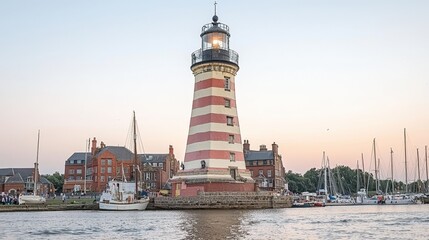 Naklejka premium Majestic Lighthouse at Sunset Harbor Boats Coastal Town England