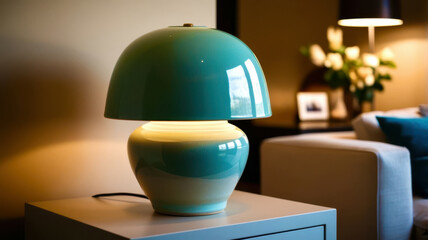 A green lamp sits on a table in a living room
