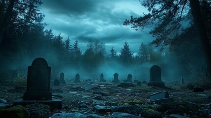 Dark eerie scene cemetery night sky filled clouds