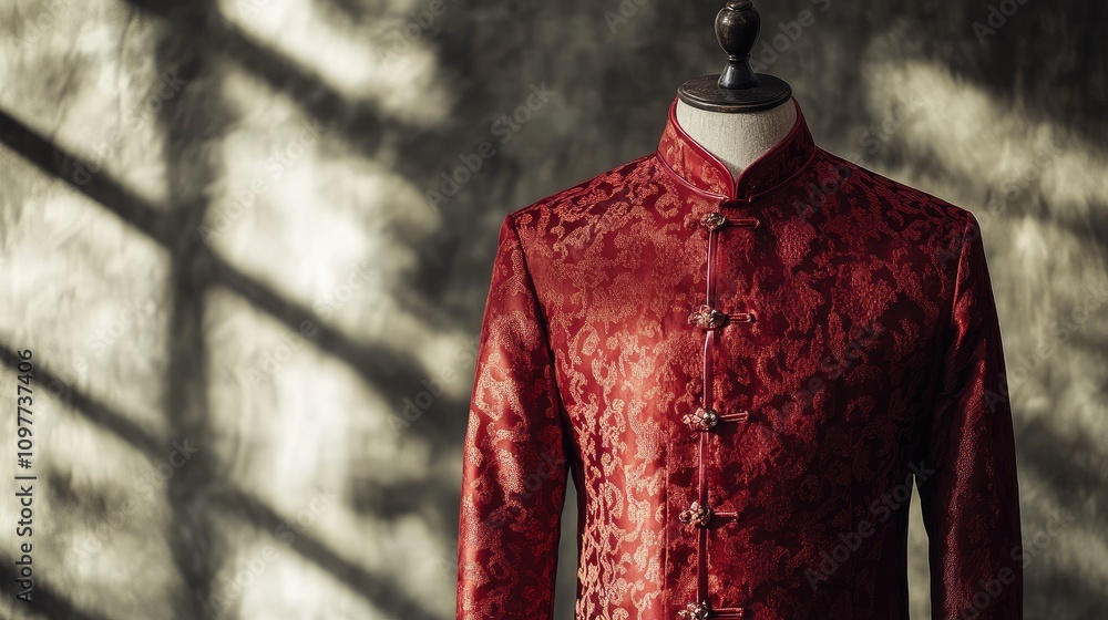 Poster elegant red silk jacket displayed on a mannequin with intricate patterns and textures highlighted by