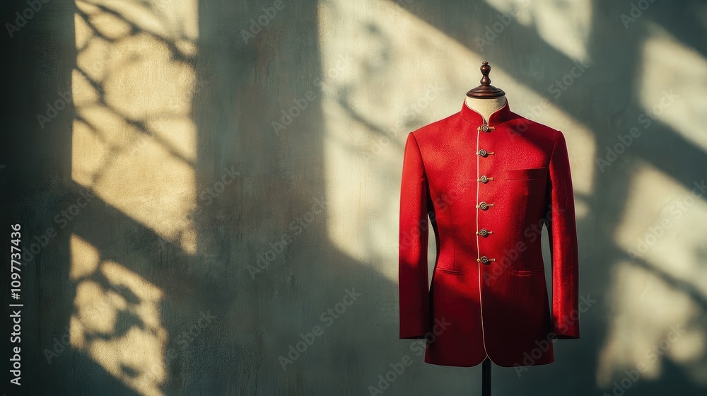 Poster elegant red tailored jacket displayed on a mannequin with artistic shadow patterns highlighting its 