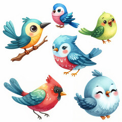 Fototapeta premium Cute cartoon birds with various colors and expressions on white background. AI