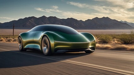 Fototapeta premium Futuristic green electric car cruising along a desert highway at sunset