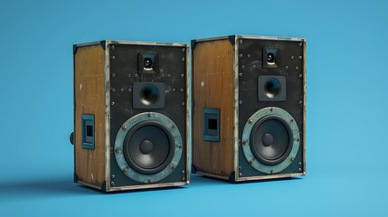 Fototapeta premium Old industrial powerful stage sound speakers isolated over full blue background