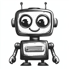 Naklejka premium Retro Robot Character with Smiling Face and Large Eyes for T-Shirt or Print