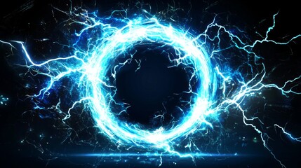 Naklejka premium Blue electric plasma portal with holographic circles, lightning frame on black scifi background, isolated futuristic design.