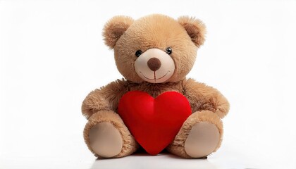 Obraz premium Adorable Teddy Bear Holding a Plush Red Heart. Perfect Valentine’s Day Gift Idea for Expressing Love, Affection, and Warmth; Ideal for Romantic Surprises or Heartfelt Decorations