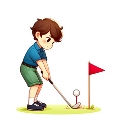 Isolated vector illustration of young golfer driving a golf ball from a tee shot on a white background.