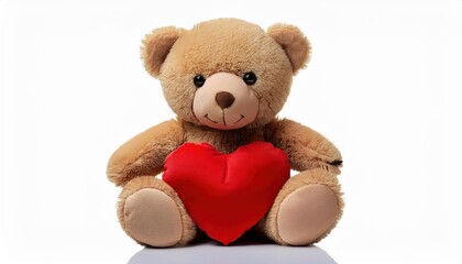 Obraz premium Adorable Teddy Bear Holding a Plush Red Heart. Perfect Valentine’s Day Gift Idea for Expressing Love, Affection, and Warmth; Ideal for Romantic Surprises or Heartfelt Decorations