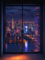 Aerial view of the Osaka skyline at night through a skyscraper window