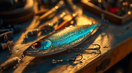 Close-up of fishing lure on wooden table with other tackle.