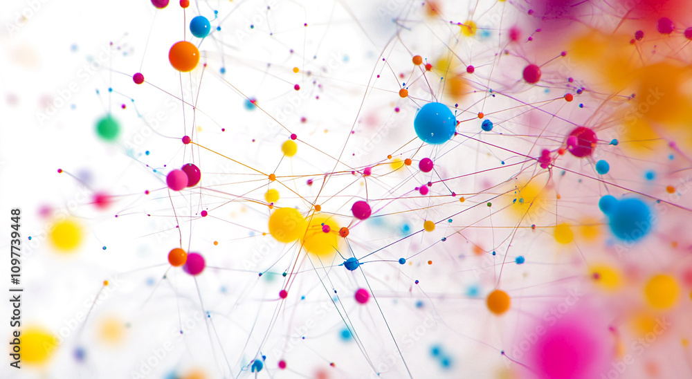 Poster Colorful abstract design depicting interconnected dots and lines resembling a molecular structure