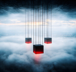 Surreal floating cubes in a cloudy urban landscape