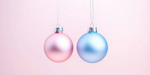 Fototapeta premium Two Christmas ornaments hanging from a string, one pink and one blue
