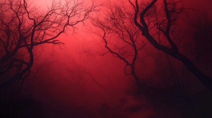 Obraz premium Twisted Branches Silhouetted in a Red Foggy Forest - Eerie Horror Movie Scene Concept Illustration