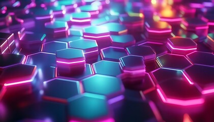 Obraz premium A vibrant, abstract representation of hexagonal shapes with glowing neon colors.