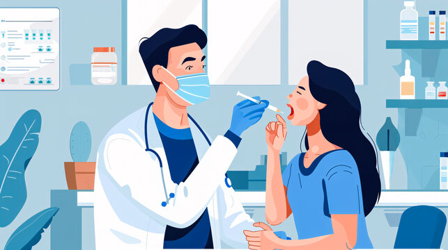 Doctor getting a saliva test sample in a clinic hospital.