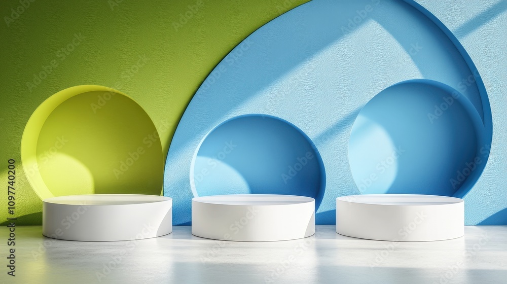 Poster modern 3d design with white cylinders and colorful background in an artistic podium setting for crea