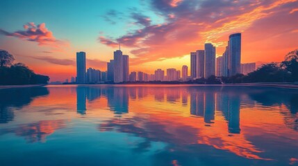 Stunning panoramic view of Abu Dhabi skyline at sunset with city landmarks landscape captured in photography.