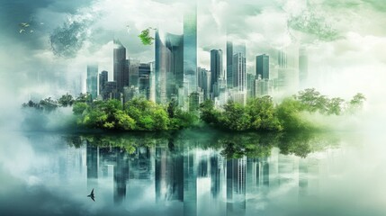 Illustration of a sustainable urban development concept showcasing green engineering, innovative projects, and utopian vision.