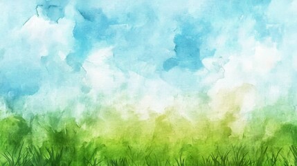 Abstract Watercolor Illustration of Blurred Grassy Horizon with Blue Sky and Green Meadow, Summer Background Texture.