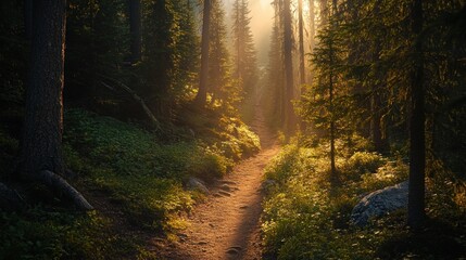 Obraz premium Sunlit Forest Path A Morning Hike Through Pines