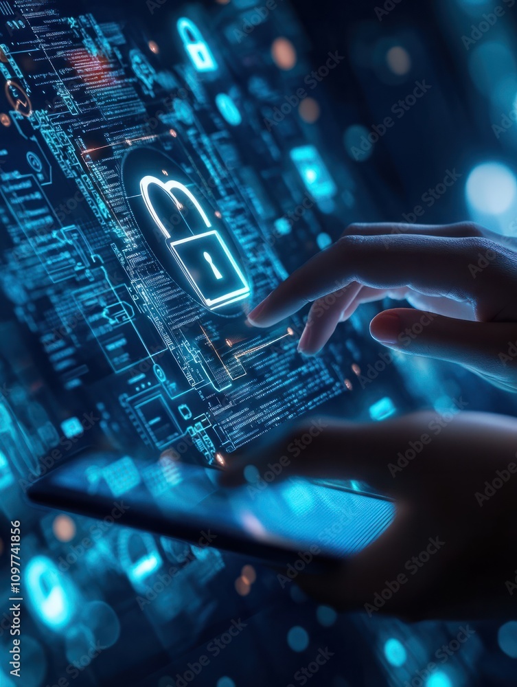 Aufkleber close up of backlit female hand using tablet with abstract internet safety and security interface wi