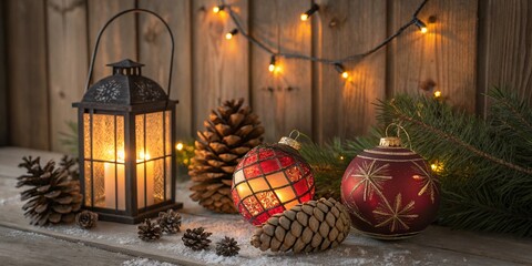 Festive Christmas Decorations with Pine Cones and String Lights

